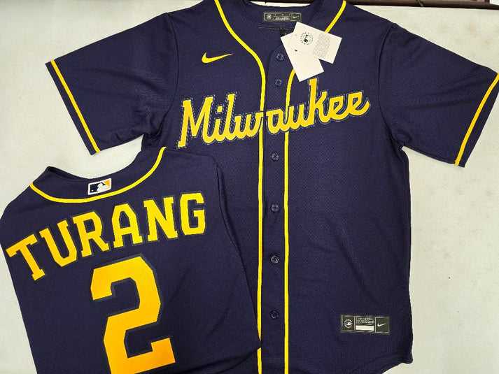 Mens Milwaukee Brewers #2 Brice Turang Navy Blue Stitched MLB Cool Base Nike Jersey